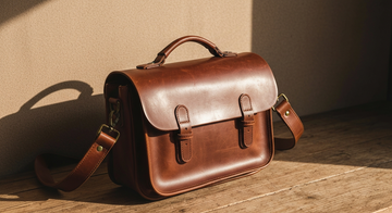 Sacoche homme cuir vintage sur surface bois naturelle