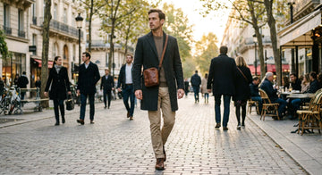 Petite sacoche homme en cuir marron portée en bandoulière en ville