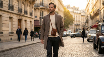 Homme portant une pochette bandoulière en cuir marron en ville