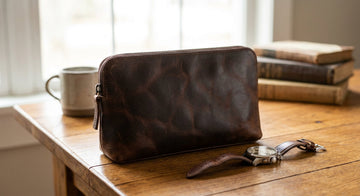 Pochette en cuir marron pour homme posée sur une surface en bois