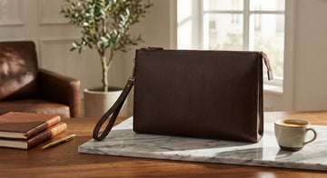 Pochette homme de luxe en cuir marron posée sur une surface raffinée