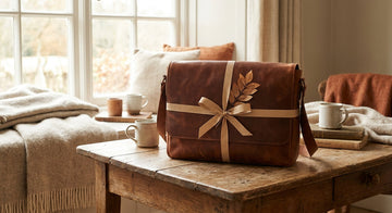 Sacoche homme en cuir presentee comme cadeau avec un ruban sur une table en bois
