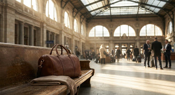 Sac de voyage homme en cuir marron pose dans un hall de gare
