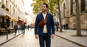 Homme portant une sacoche banane en cuir marron en travers du buste