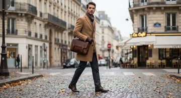 Homme en manteau de laine portant une sacoche en cuir marron par temps d automne
