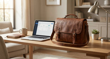 Sacoche ordinateur homme en cuir posée sur un bureau avec un ordinateur portable