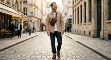 Homme portant une sacoche poitrine en cuir marron plaquee sur le buste
