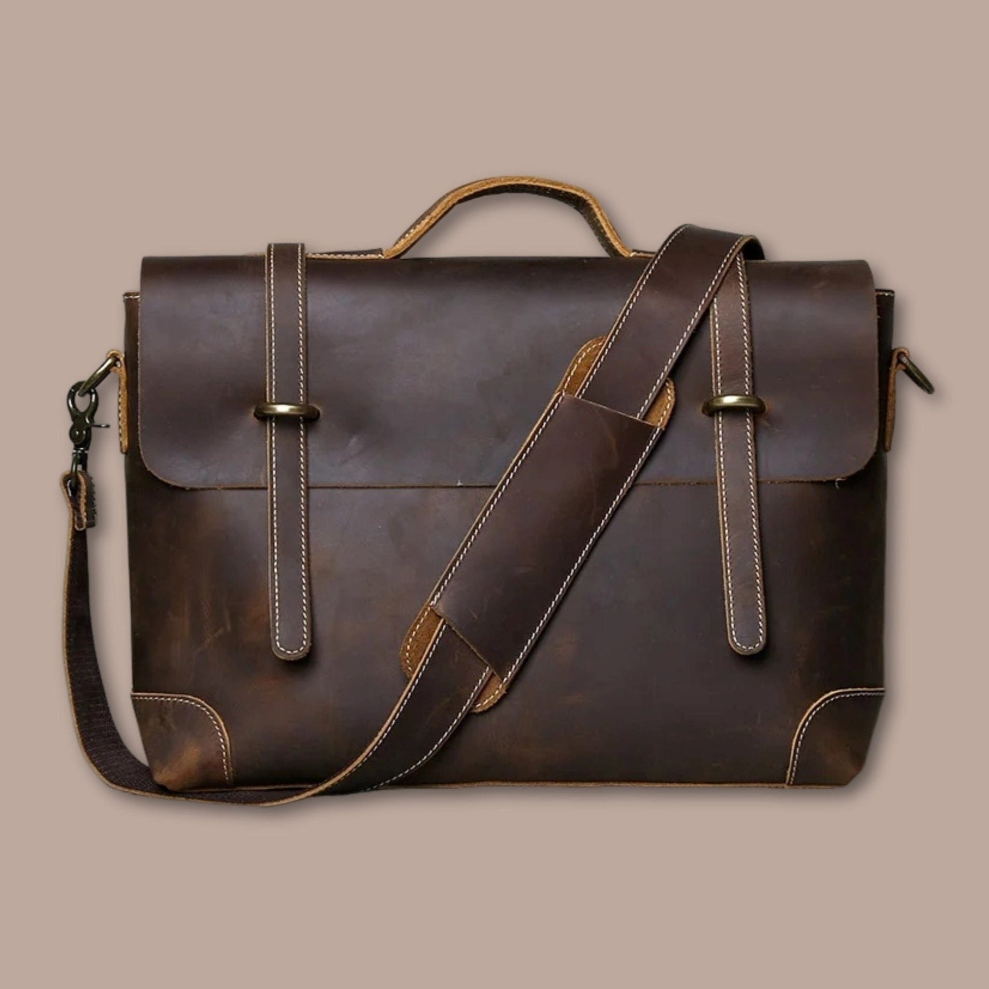 Besace Ordinateur Homme Cuir | Sacoche Homme en Cuir Marron Foncé / 38cm x 28cm x 10cm