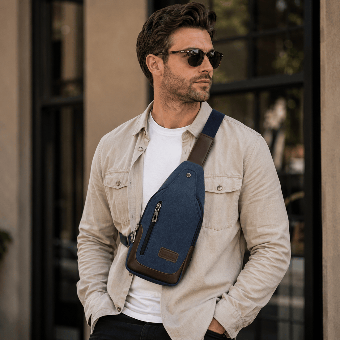 Petite sacoche homme en toile beige, vue de profil avec bandoulière ajustable et finitions cuir