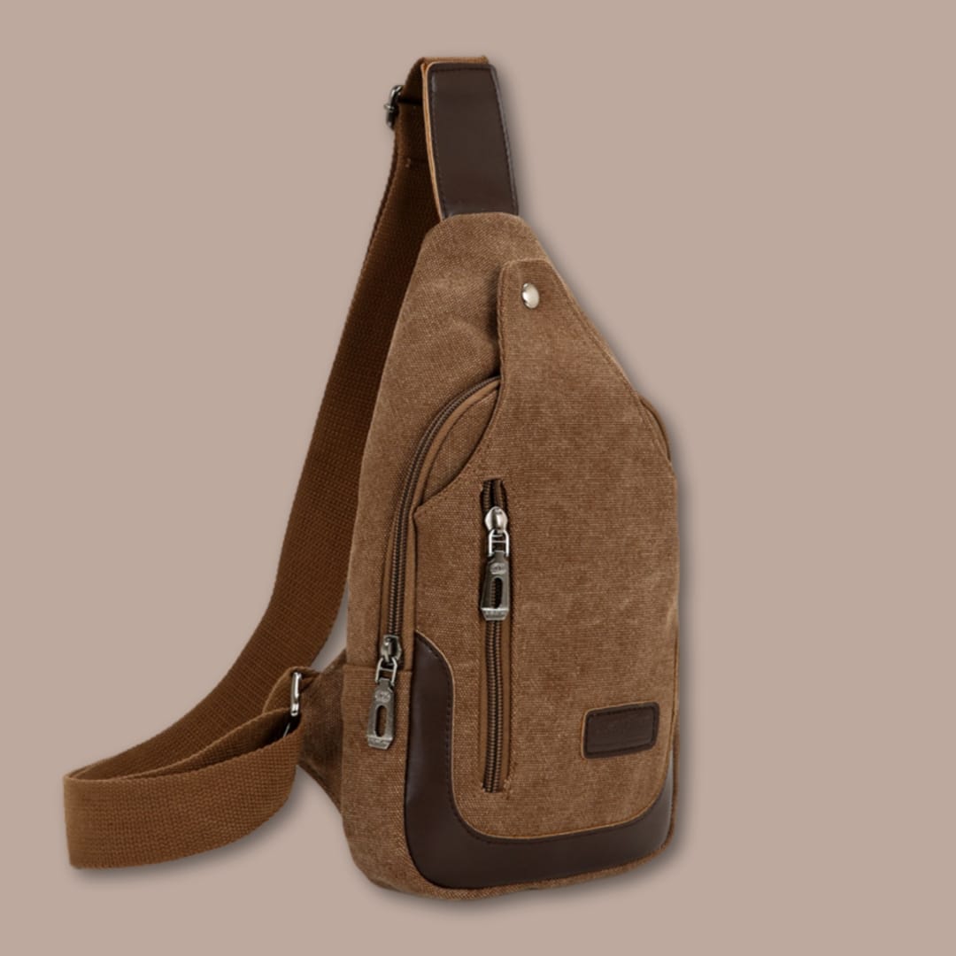 Petite sacoche homme en toile marron, sacoche bandoulière avec empiècements en cuir