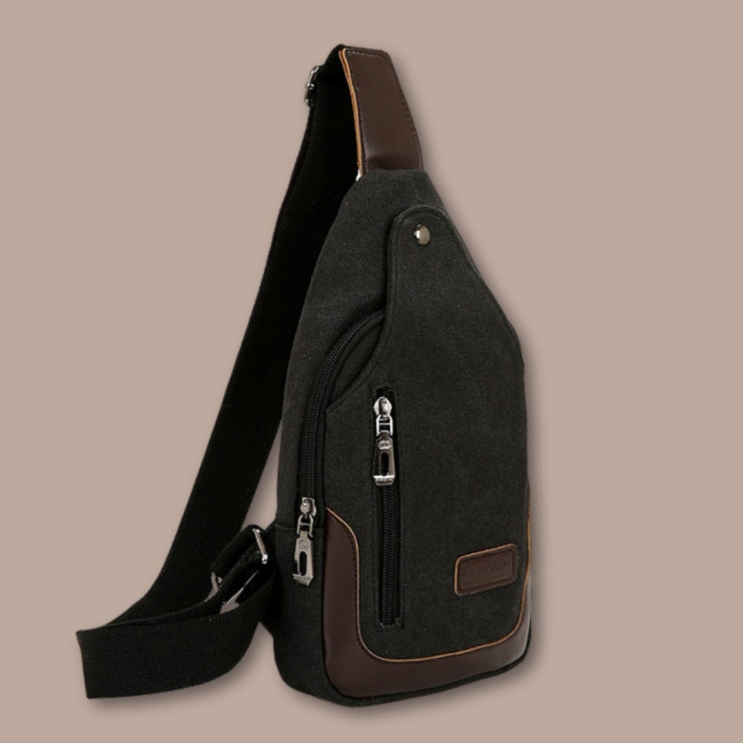 Petite sacoche homme en toile noire, sacoche de poitrine avec bandoulière réglable