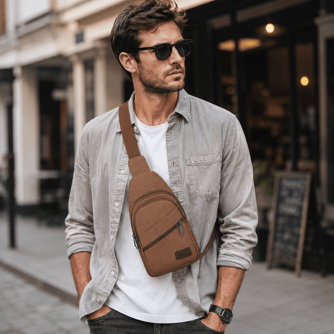 Sac de Poitrine Homme en Toile | Imperméable & Multi-Poches Gris / 17cm x 30cm x 6cm