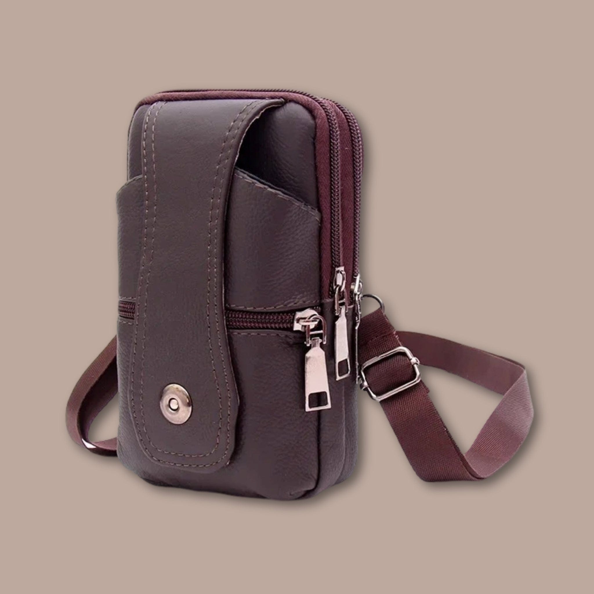 Sacoche Bandoulière Homme Attache Ceinture Marron Foncé / 10cm x18cm x 4cm