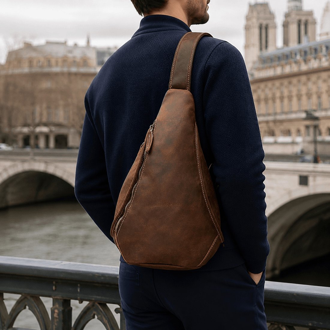 sacoche homme cuir naturel Marron Foncé / 20cm x 40cm x 12cm