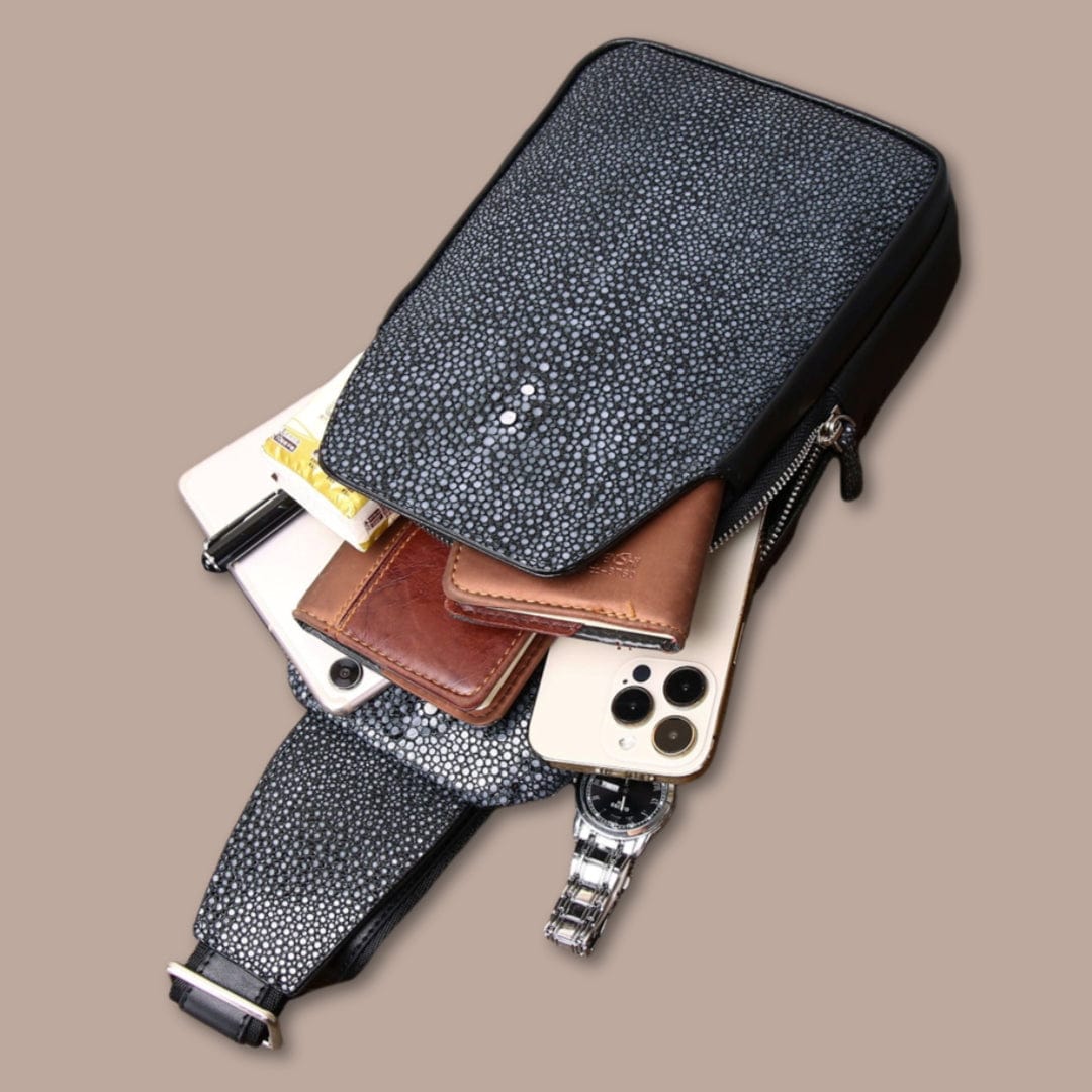 Sacoche Bandoulière Homme Peau de Galuchat Black / 17cm x 32cm x 7cm