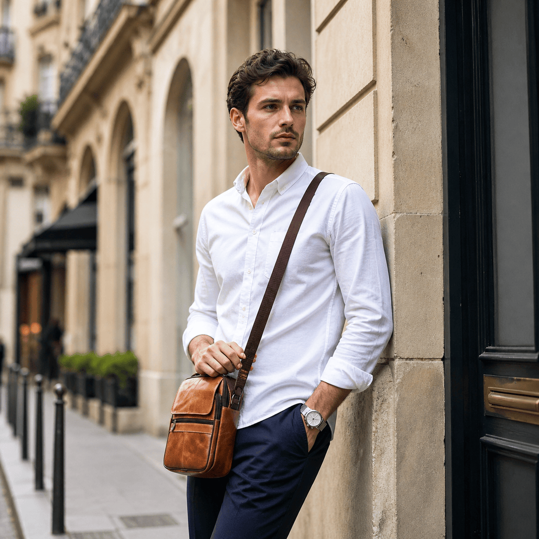 sacoche bandouliere cuir homme Marron Foncé / 19cm x 25cm x 6cm
