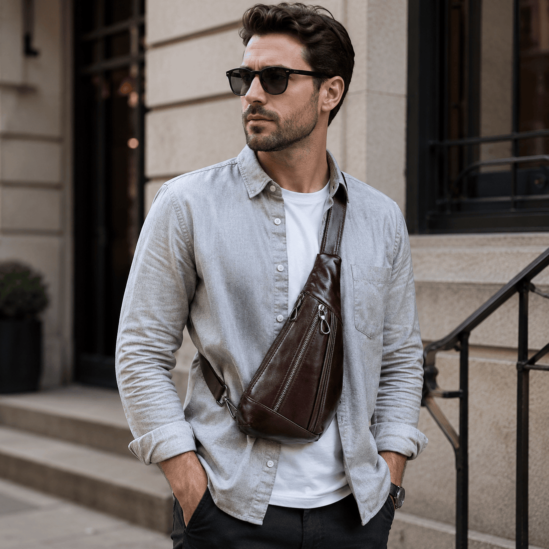 Sacoche bandoulière homme urbaine en cuir | Élégante & pratique Marron Clair / 15cm x 29.5cm x 5cm