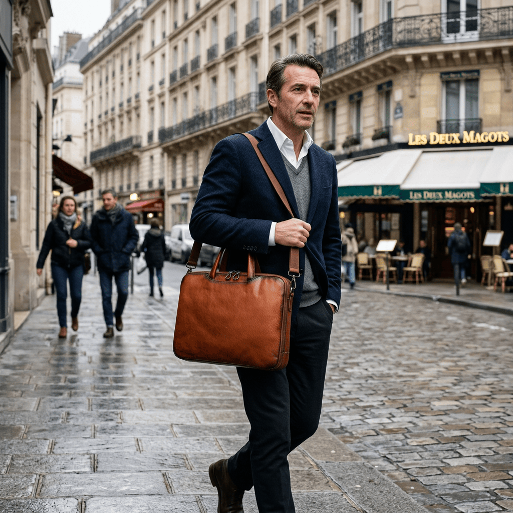 Sacoche Ordinateur Homme Cuir Cognac | Sacoche Luxe 38cm x 28cm x 7cm
