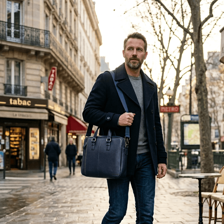 Sacoche Ordinateur Portable Homme | Sacoche Homme Cuir Bleu / 39cm x 27cm x 9cm