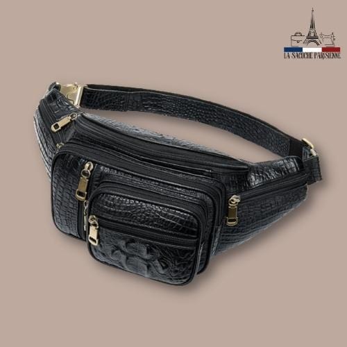 sacoche banane homme noire effet croco, plusieurs poches zippées, style élégant et moderne