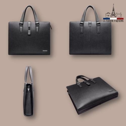 Sacoche homme noire élégante en cuir, style moderne, vue de face, profil et dessus.