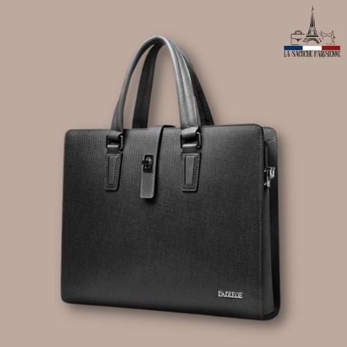 Sacoche homme noire élégante avec poignées, style moderne et détails raffinés.